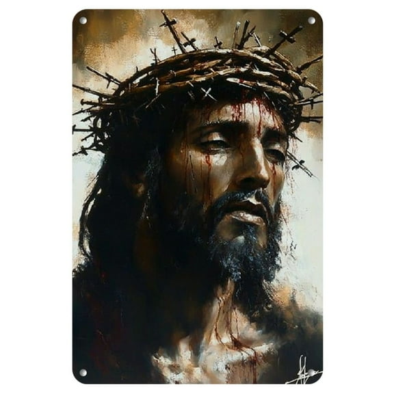 1pc African American Jesus Art Tin Sign - 8x12 Inch Metal Wall Decor with Thorn-Crowned Head Portrait, Cafe, Bar, or Garage - Inspirational Christian Artwork, Inspirational Wall Decor, 2D