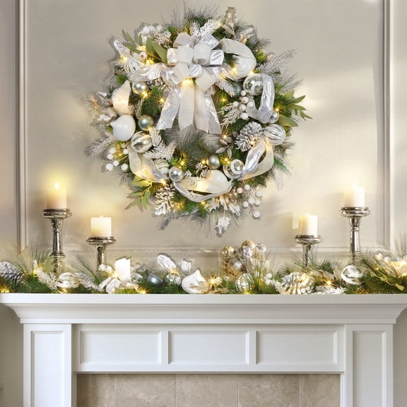 30" Silver & White Christmas Wreath for Front Door - Battery Operated with 40 LED Lights - Lighted Xmas Decor for Fireplace, Window & Holiday Parties