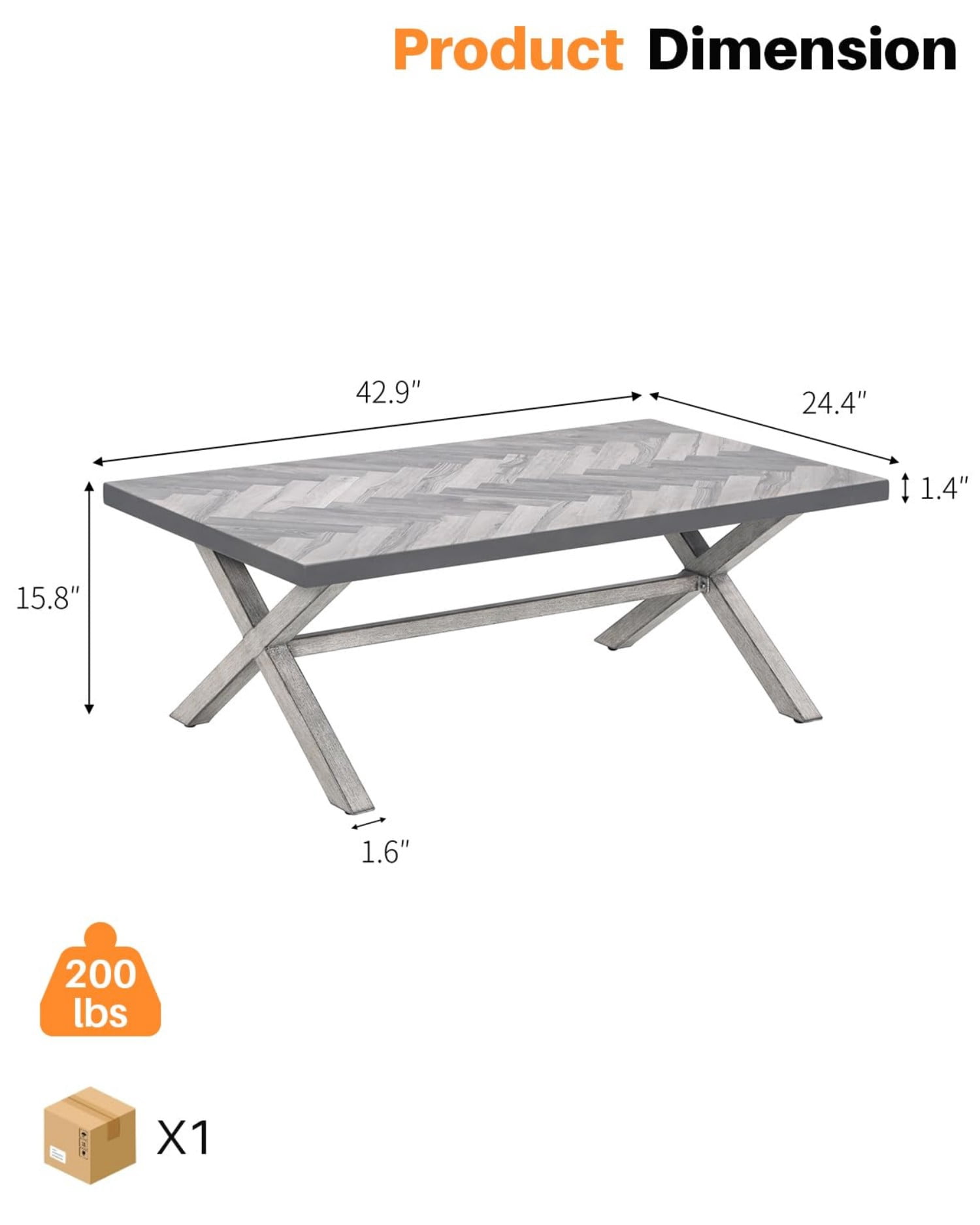 Aluminum Outdoor Coffee Table, Never Rust Rectangular Patio Coffee Table with Resin Top, All-Weather Outdoor Furniture Table for Patio, Poolside, Garden, Balcony, Porch, Silver Gray
