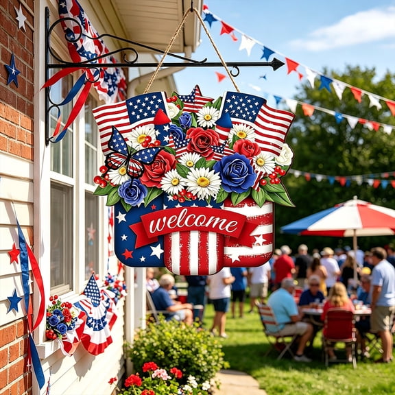 erdimoy 4th of July Patriotic "Welcome" Door Sign, 12" Wooden Hanging Decor with Flags & Flowers