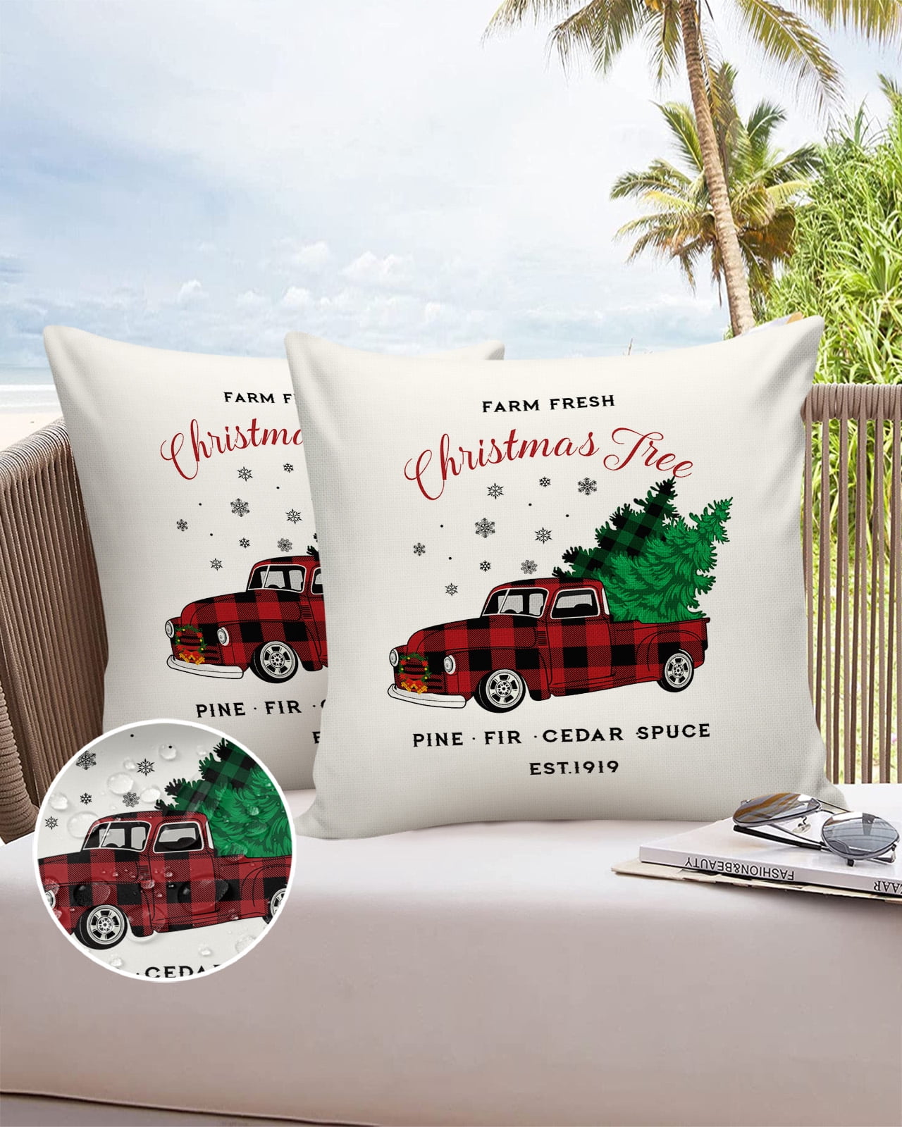 Pack of 2 Outdoor Pillow Covers, Christmas Red Plaid Truck Carry Xmas Tree White Background Waterproof Square Throw Pillowcase Cushion Decorative Pillow Covers for Couch Patio Tent, 24x24 in