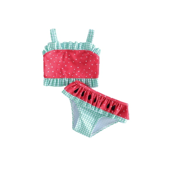 BemeyourBBs Toddler Baby Girl 2 Piece Swimsuit Bikini Set Infant Girls Bathing Suit Watermenlon Print Sleeveless Ruffled Swim Tops and Thongs Set Summer Pool Beachwear