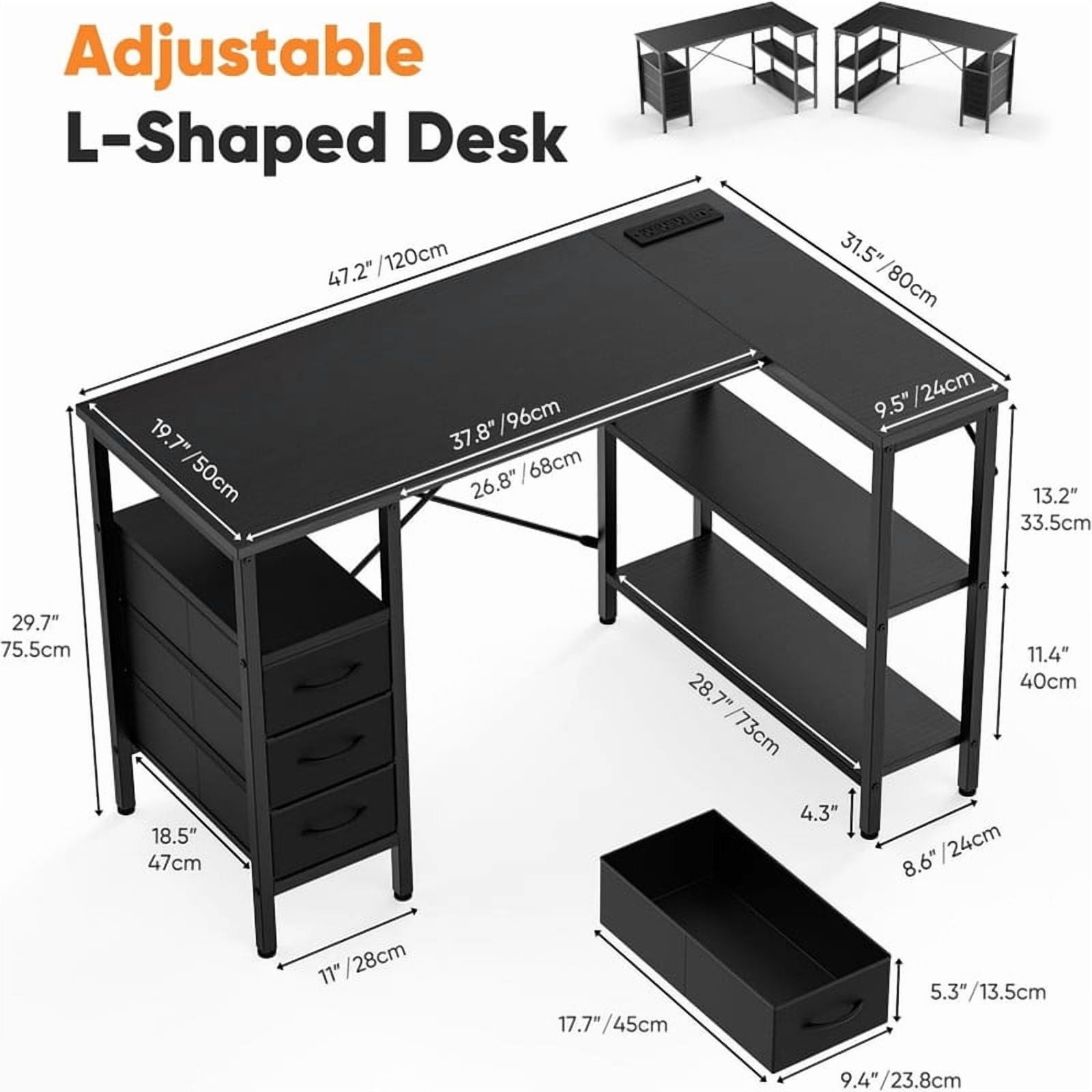 Kelno 47 Inch L Shaped Computer Desk with Power Outlets Adjustable Shelf 3 Fabric Drawer,Black