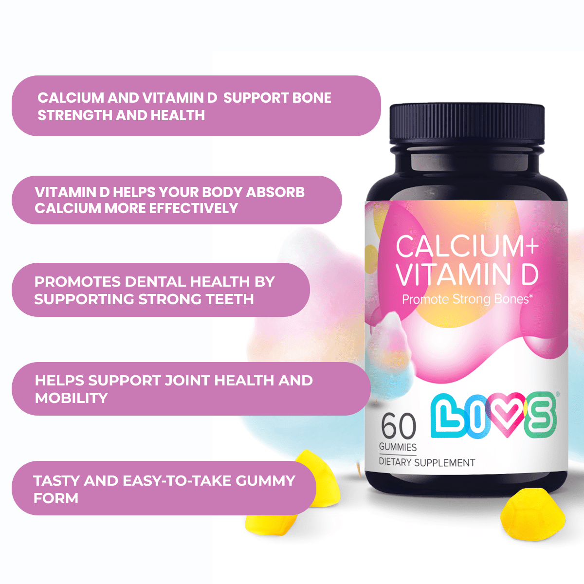 LIVS Calcium & Vitamin D3 Gummies, 1000 IU (25 mcg) D3 + 170 mg Calcium, Bone & Immune Support, Vegan, Cotton Candy Flavor, 60 Count/30 Servings