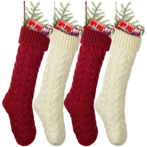 Christmas Stockings, 4 Pack 19 inches Large Size Cable Knit Knitted Xmas Stockings, Rustic Personalized Stocking Decorations for Family Holiday Season Decor, Cream Burgundy