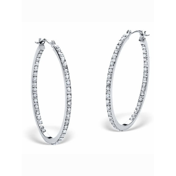 PalmBeach Jewelry Diamond Fascination Bernish-Set Inside-Out Hoop Earrings in Platinum-plated Sterling Silver  (1 1/4")