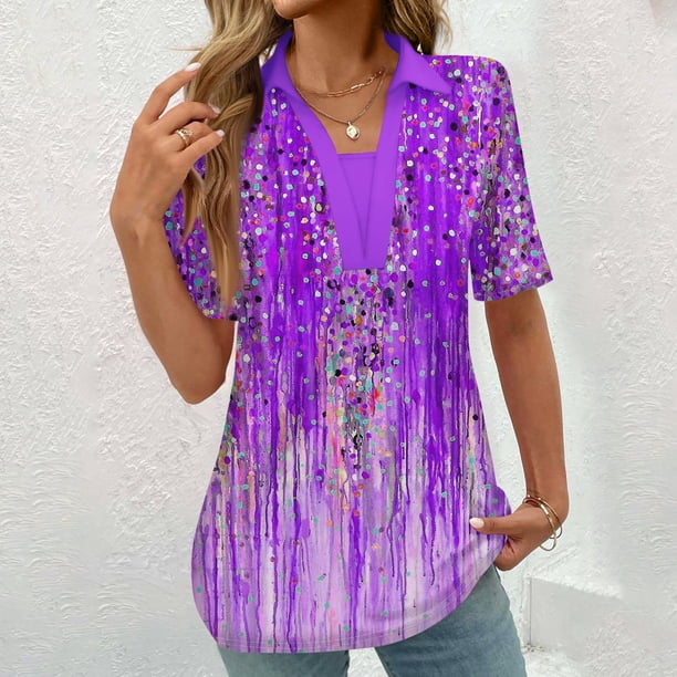 Fiudx Ropa de Mujer Blusas Estampadas de Moda para Mujer, Camiseta de Manga Corta, Top con Cuello Vuelto