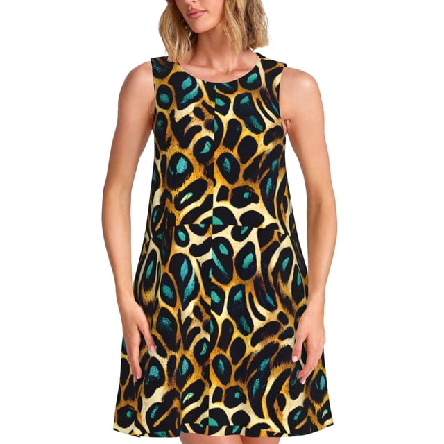 Fotbe Teal Leopard Vestido de Verano sin Mangas para Mujer – Vestido Midi Línea A, Estilo Camiseta Floral, Vestido Playero Casual y Fluido