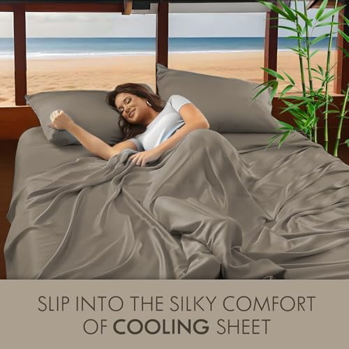 ClevaHome 4-Piece Queen Bamboo Bed Sheet Set, 100% Organic Cooling Fabric, 16" Deep Pocket, Taupe