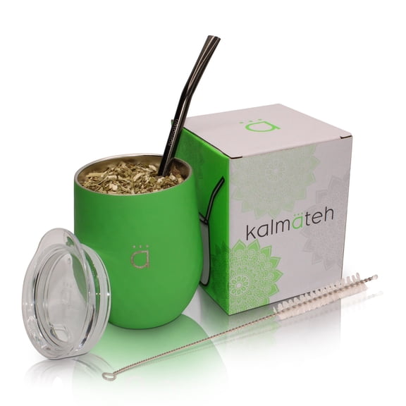 Kalmateh Yerba Mate Gourd- Modern 8 oz Mate Cup with BPA Free Lid- Double Walled 18/8 Stainless Steel - Includes Bombilla and Cleaning Brush (Neon Green)
