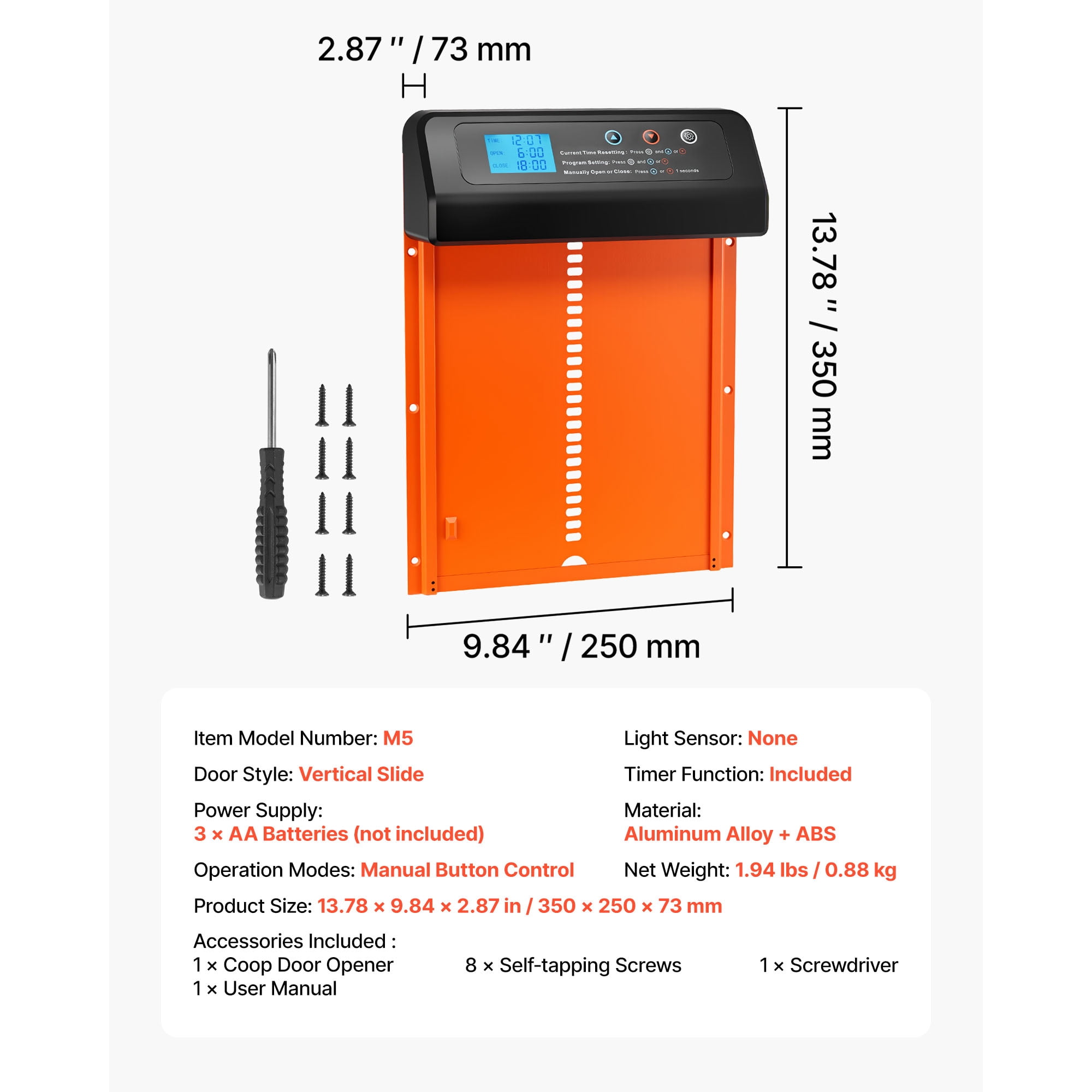 KFFKFF Automatic Chicken Coop Door, Battery-Operated with Timer and Manual Controls, Anti-Pinch Design, Sturdy Aluminum Build, Waterproof Seal, Orange