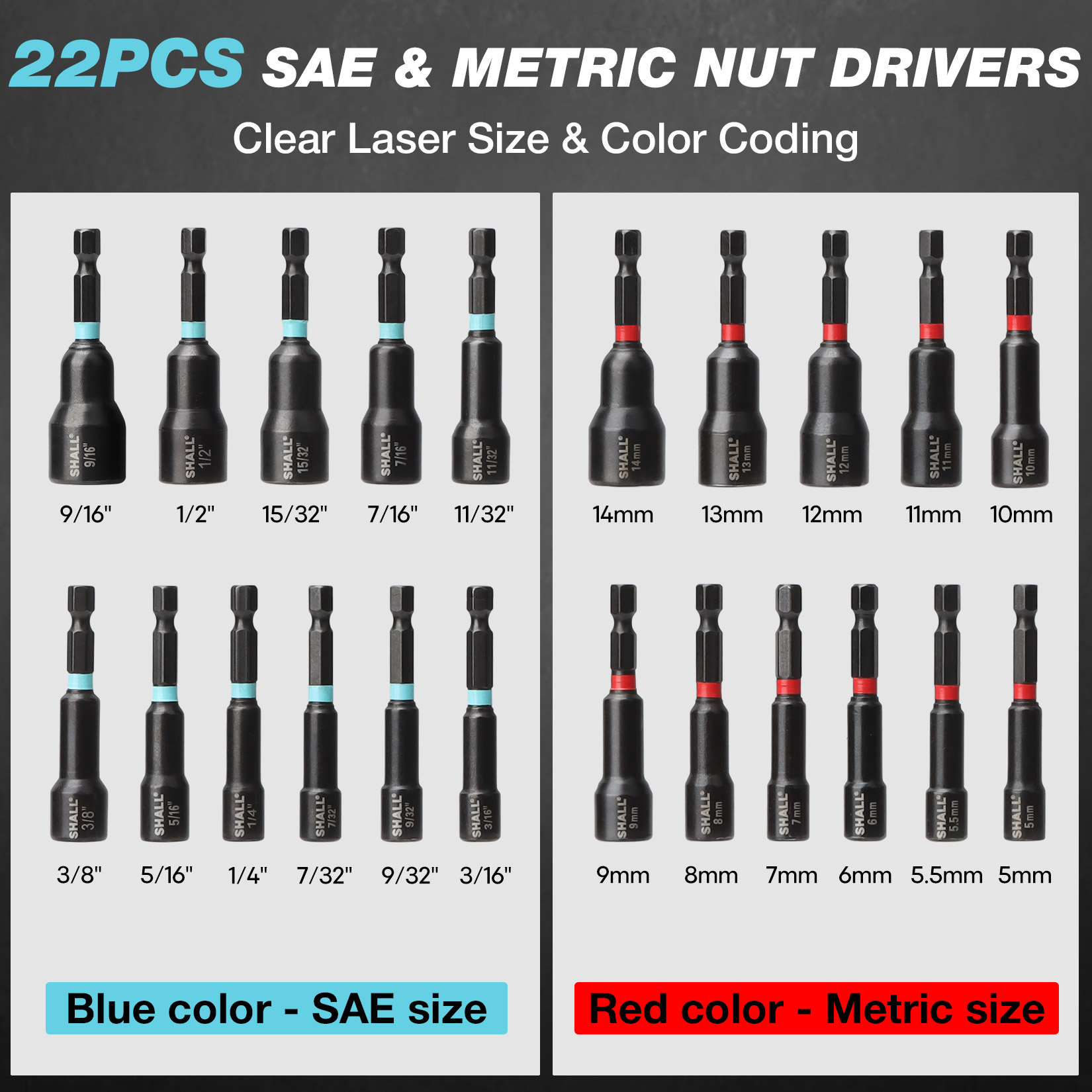 SHALL 29PCS Magnetic Nut Driver Set for Impact Drill, 1/4" Hex Shank Nut Driver Bit, SAE & Metric Cr-V Steel