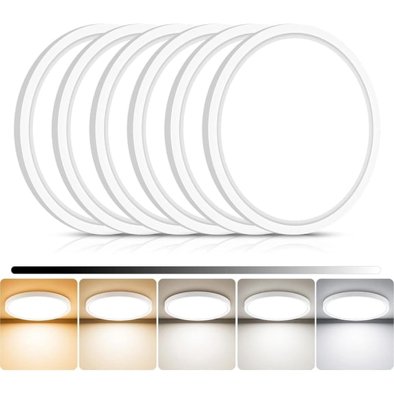 PLUHKN-6Pack 7inch LED Flush Mount Ceiling Light, Dimmable & 5Color Temperatures (3000K-6500K), 15W Round Slim White Light Fixture for Closet Hallway Kitchen Bathroom Laundry