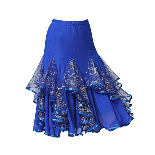 Falda de baile latino midi con volantes y lentejuelas bordadas, elegante para mujer bailarina B azul
