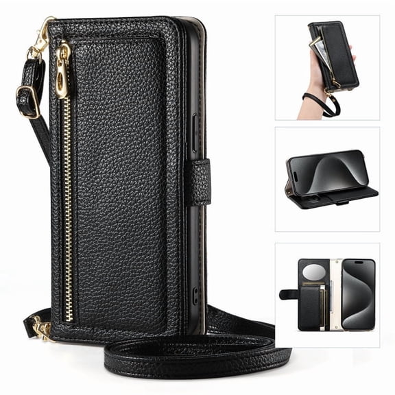 Crossbody Zipper Wallet Leather Phone Case for Google Pixel 10 Pro XL 9 Pro 9A 8 8A 7 7A 6 6A Lanyard Mirror Card Holder Cover