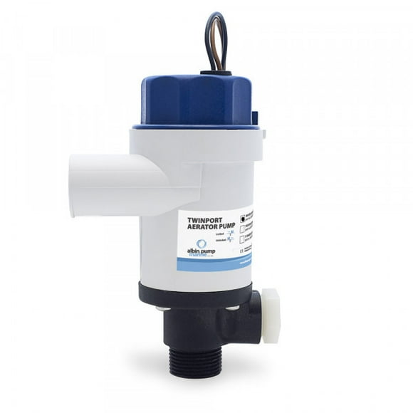 Albin Livewell /Baitwell Pump 01-05-076 Livewell /Baitwell Pump; Twinport; Aerator; 1-1/8 Inch NPT Inlet/Outlet Port; 12 Volt DC; With Straight And Elbow Detachable Ports; 4 Amp; 5 Amp Fuse Size