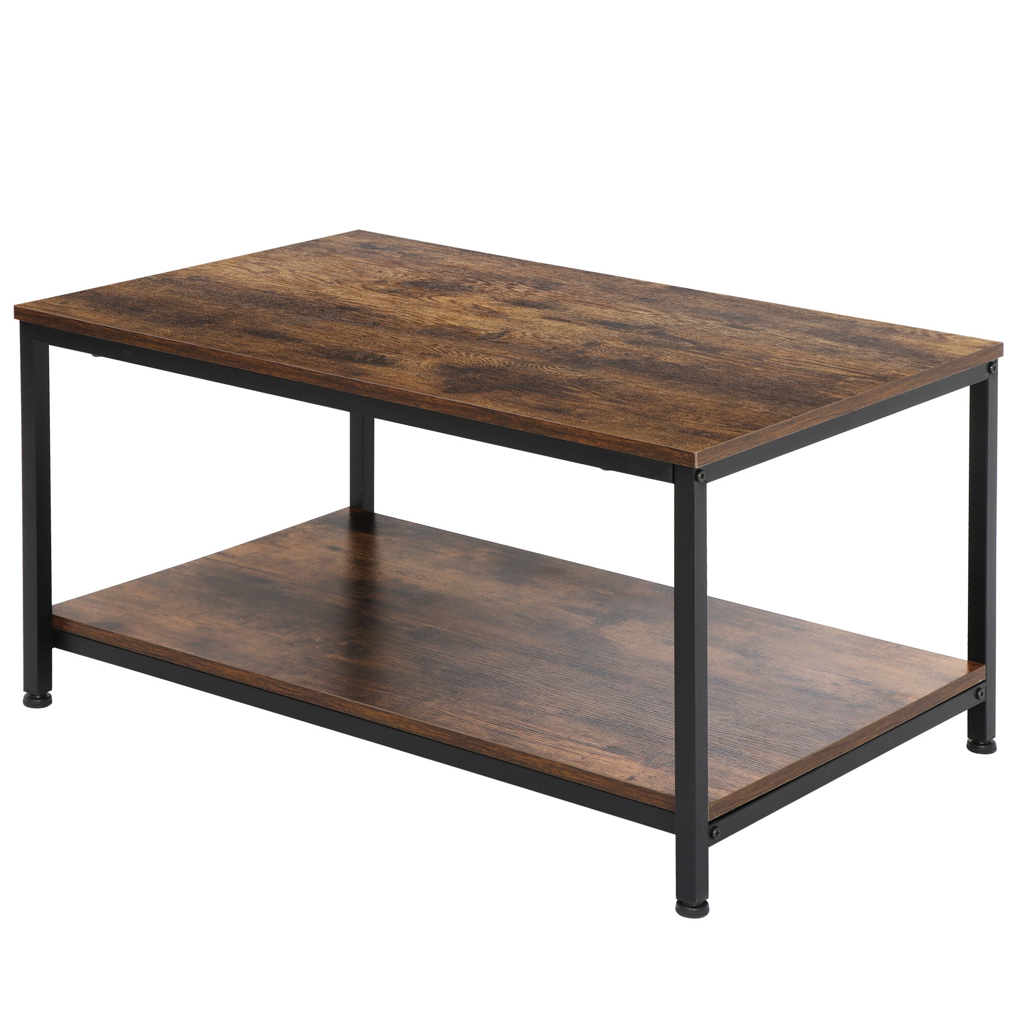 HomGarden 2-Tier Industrial Coffee Table W/Storage Shelf, Rectangular Retro Cocktail Table, Brown