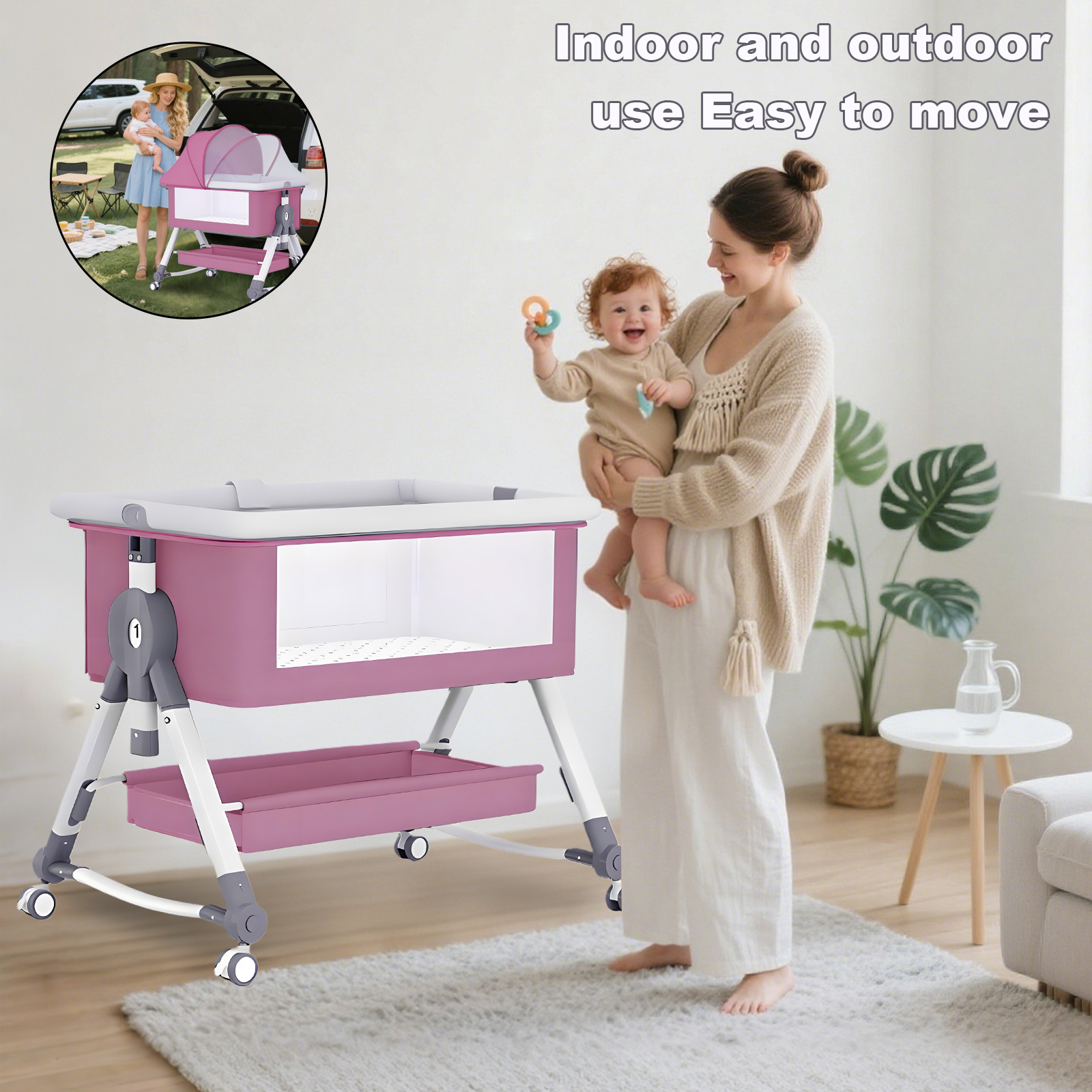 LUOLUO Baby Bassinet with Wheels & Changing Table,  5-in-1 Infant Bedside Crib for 0-24 Months,Adjustable Height, Breathable Mesh & Mattress, Pink
