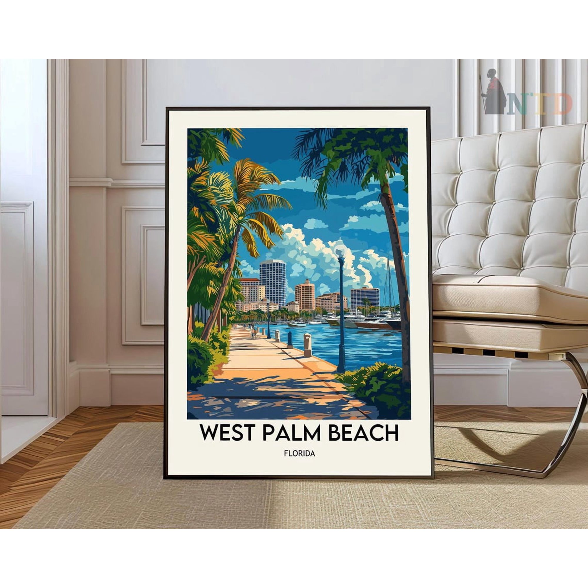 West Palm Beach Florida Poster, Tropical Cityscape Travel Decor