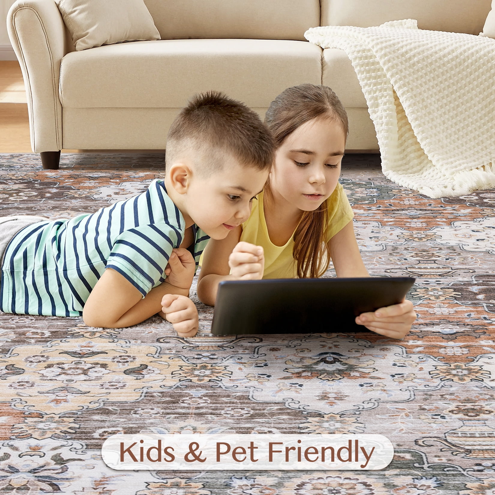 Toyoso 8x10 Area Rug Living Room Rugs - Washable Vintage Floral Soft Thin Large Rug Indoor Floor No Slip Rug Carpet for Bedroom Under Dining Table Home Office Decor - Multi Brown