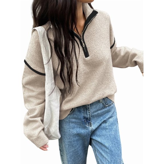Womens Quarter Zip Pullover Sweaters Casual Collared V Neck Color Block Long Sleeve Loose Knit Fall Sweater White XL