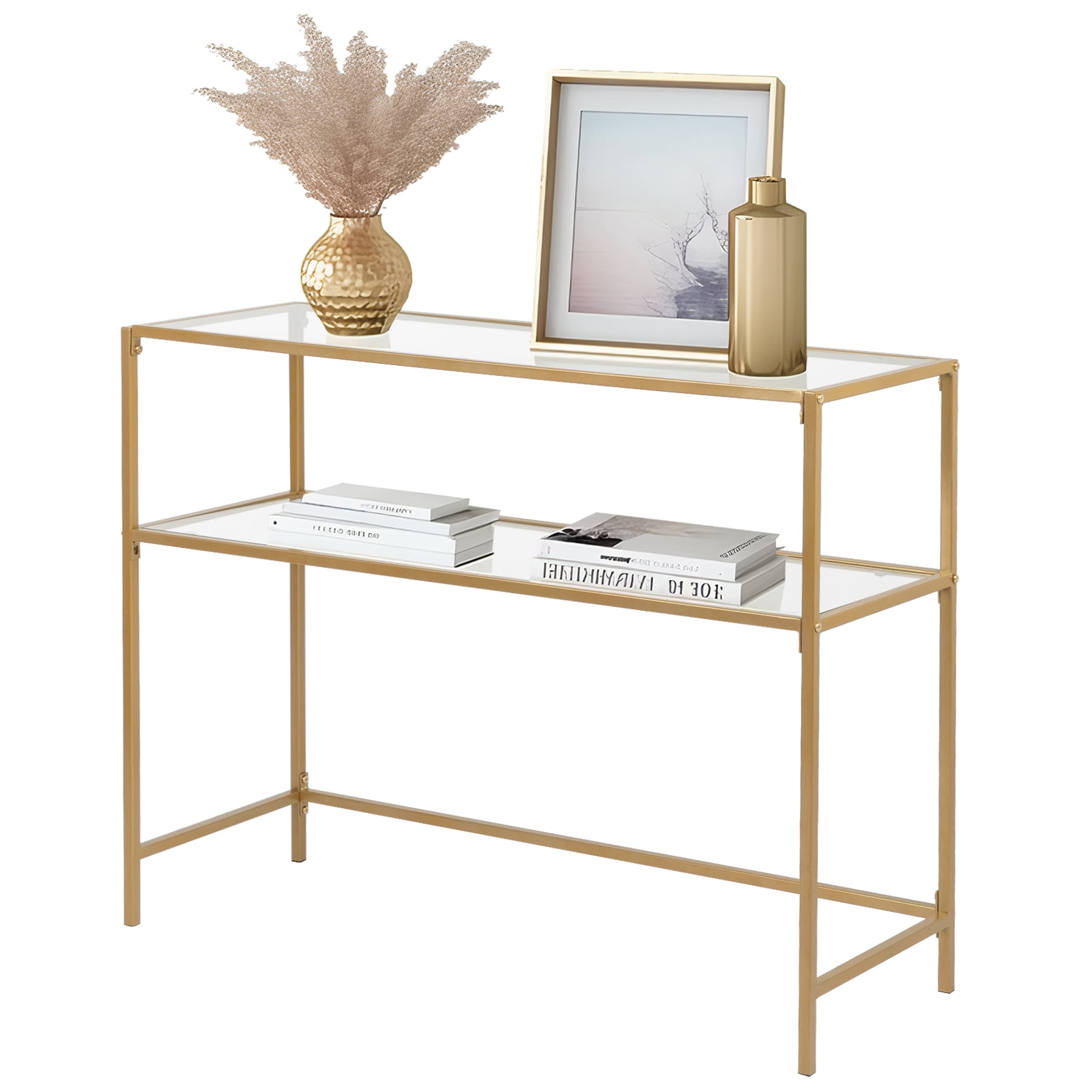 Ktaxon 2-Tier Glass Console Sofa Table, Modern Entryway Living Room Table with Tempered Glass Shelf Accent Table for Home Decor, Gold