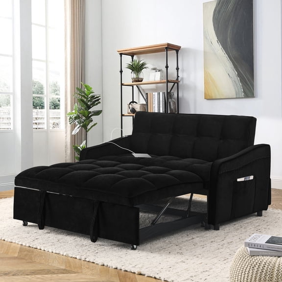 Lunale Pull Out Sofa Bed, Loveseat Sleeper with USB/Type-C, Adjust Back, Convertible Sleeper Sofa for Living Room/Apartment, Black Velvet
