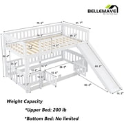 Bellemave Twin over Twin Bunk Bed , Floor Bunk Bed with Slide, Ldder, Door Openable Fence, Wooden Bunk Bed (White)
