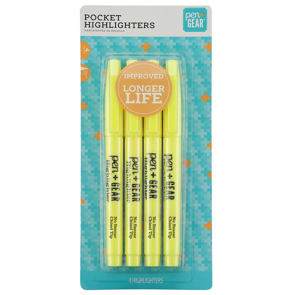Pen+Gear Pocket Highlighters, Yellow, 4 Count