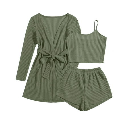 Ekouaer Pajamas for Women Set 3 Piece Lounge Set Soft Pajama Sets Waffle Knit Tank Top and Shorts Cardigan with Pockets