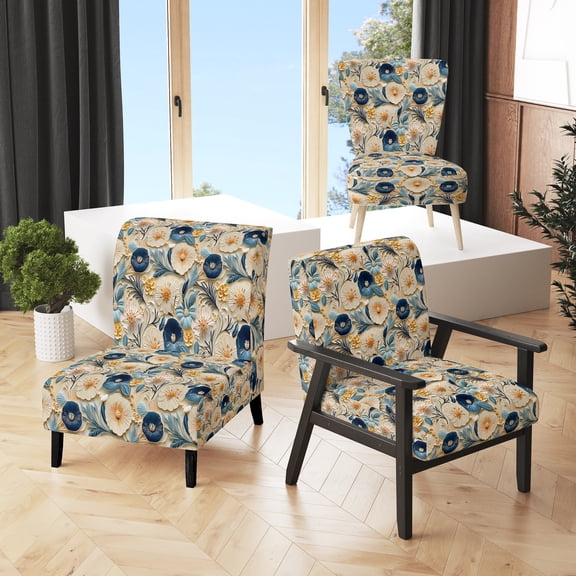Designart "Seashell Coastal Serenity IV" Blue Floral Upholstered Accent Chair - Cottage Arm Chair For Living Room