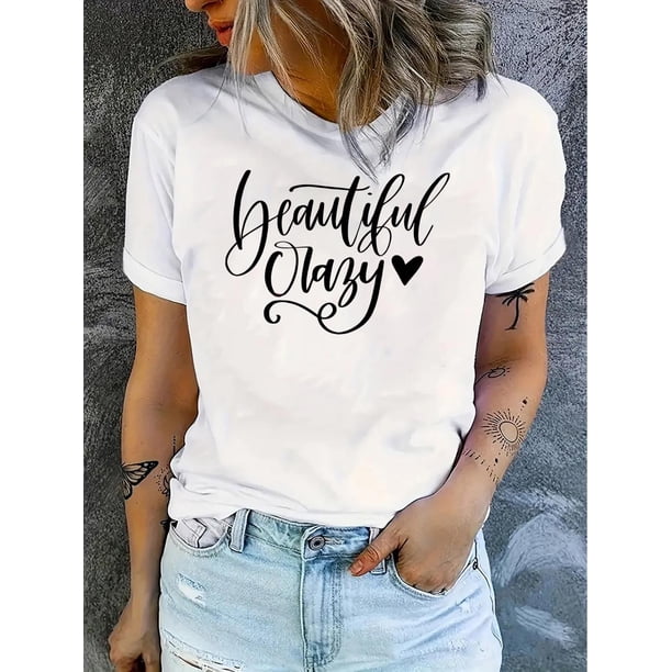 Chic Heart Print Women's T-Shirt - Casual Crew Neck, Short Sleeve, Stretchy Polyester Blend, Machine Washable, Non-See-Through - Perfect for Summer & Casual Attire