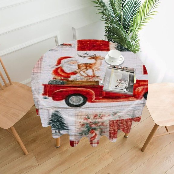 RKSupls 60 Inch Round Tablecloth, Santa Truck Patchwork Premium Polyester Straight Edge Wrinkle Resistant Washable Table Cover for Party Home Dining Decor