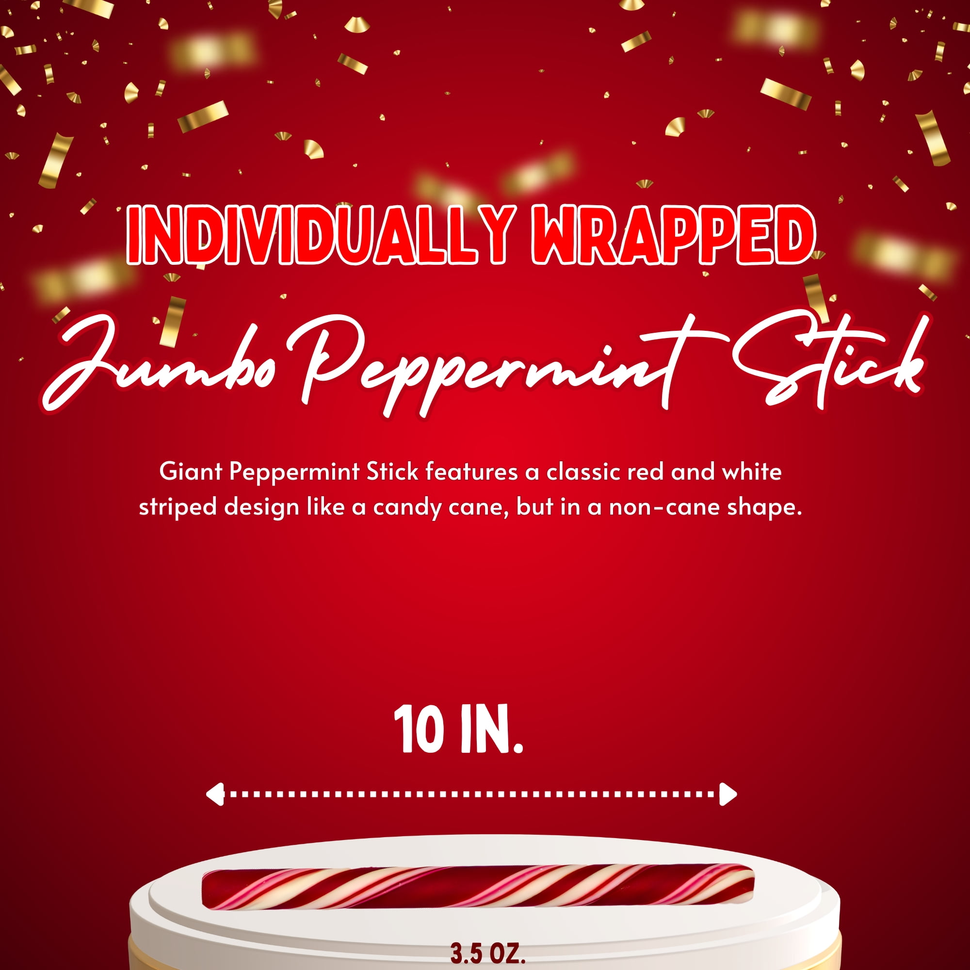 (5) Jumbo Peppermint Stick, 3.5 oz. Big 10-Inch Red White Striped Candy Individually Wrapped Holiday Mint Treats Christmas Party Gourmet Favors Stocking Stuffer Gift Basket Fillers Dessert Toppers