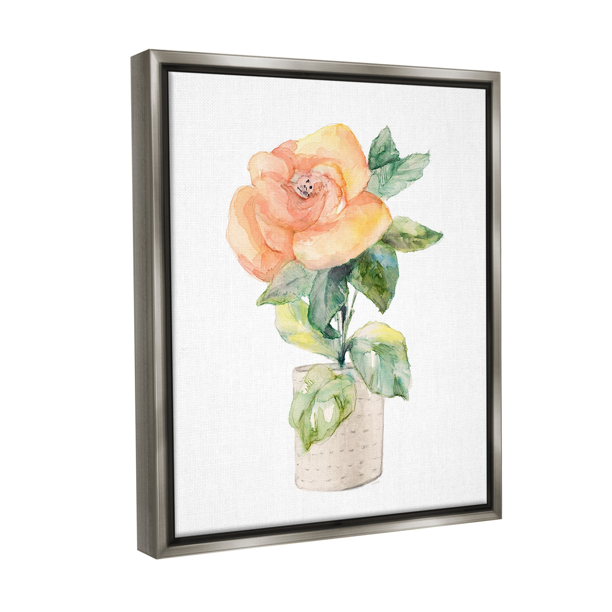 Stupell Industries Rose Sprig in Planter Botanical & Floral Painting Gray Floater Framed Canvas Art Print Wall Art, 17 x 21