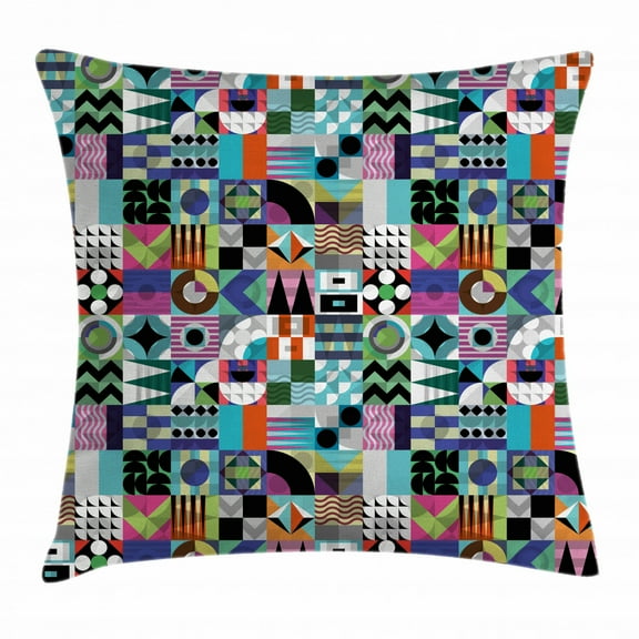 Mid Century Throw Pillow Cushion Cover, Mix of Various Different Geometric Shapes in Squares Funky Sixties Revival, Decorative Square Accent Pillow Case, 16 X 16 Inches, Multicolor, by Ambesonne