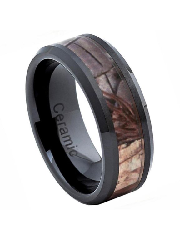 Custom Personalized Engraving Wedding Band Ring Set for Him & Her 8mm Black Ceramic High Polished with Forest Floor Foliage Camo Inlay Beveled Edge