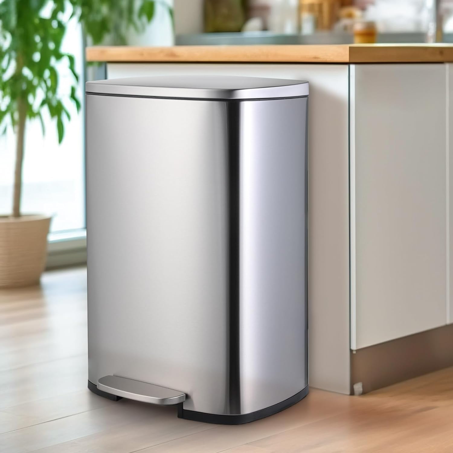 LAZY BUDDY 13.2+1.3 Gallon Kitchen Trash Can, Stainless Steel Garbage Bin Soft-Close Lid & Foot Pedal for Home Office