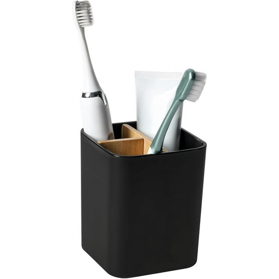 Sherry Black Toothbrush Holder for Bathroom - 3 Compartment Organizer with Detachable Bamboo Inserts, Toothbrush & Toothpaste Stand