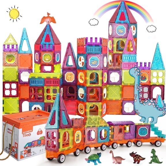 BUBUQE Magnetic Tiles Building Blocks with 4 Cars Magnet Train Set for Kids Construction Stem Toy for Girls Boys Toddlers