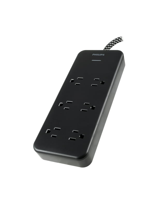 Philips Adapt 6-Outlet Surge Protector Power Strip, 8ft Braided Cord, Black