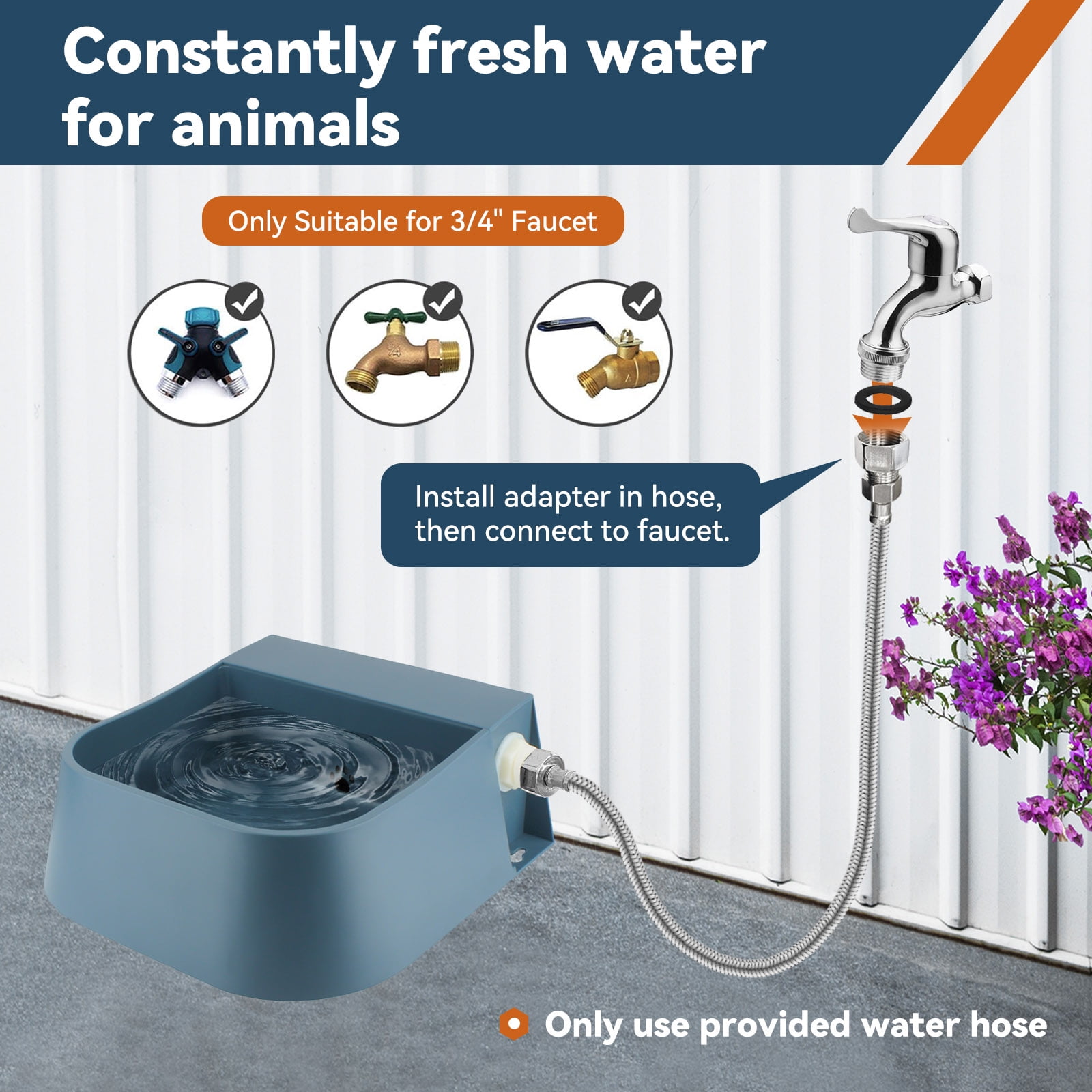PETLESO 2L Automatic Dog Water Dispenser with 3/4'' Hose for Dogs/ Cats/ Chicken/ Birds, Blue