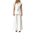 thumbnail image 5 of Naotn Womens Summer 2 Piece Outfits Casual Blazer Collar Short Sleeve Lace Up Shirt and Wide Leg Pants Sets Dressy Business Matching Suit Sets, 5 of 6