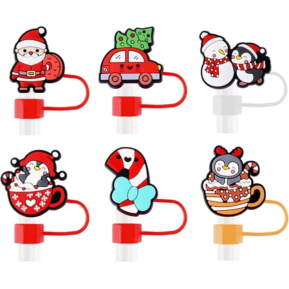 6PCS Christmas Straw Covers Cap Christmas Straw Topper Seal Dust-Proof Christmas Silicone Straw Tips Snowmen Straw Accessories Decorative DIY Holiday Gift