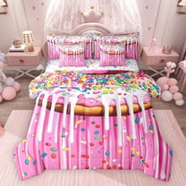 Feelyou Kawaii Pink Donut Bedding Comforter Set 7 Pieces, Dessert Cake Full Bedding Set
