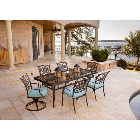 Hanover Traditions 7-Piece Dining Set in Blue with Extra Large Glass-Top Dining Table