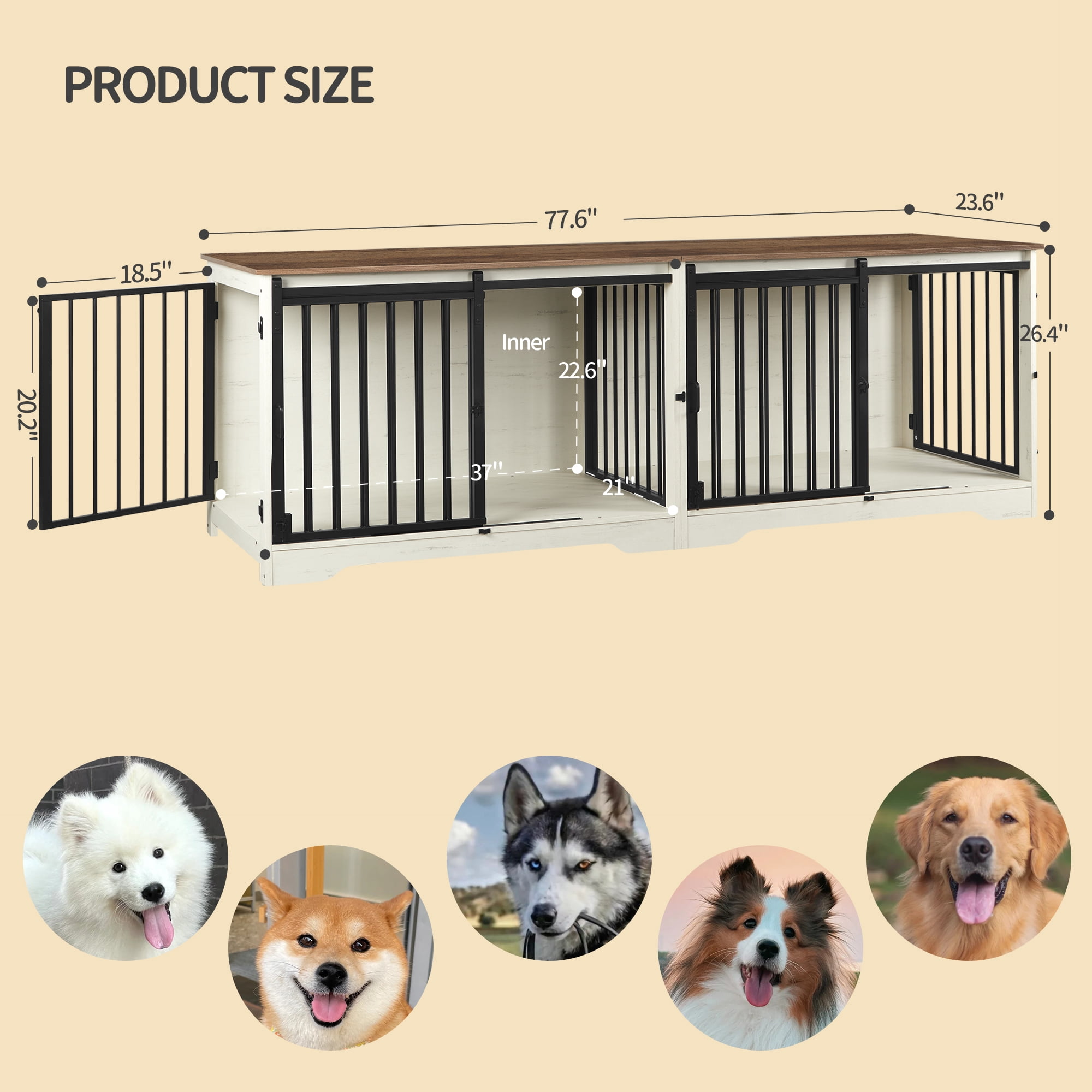 78" Dog Crate Furniture with Divider, Dog Crate Barn Door, Dog Kennel Indoor, Wood Dog Crate