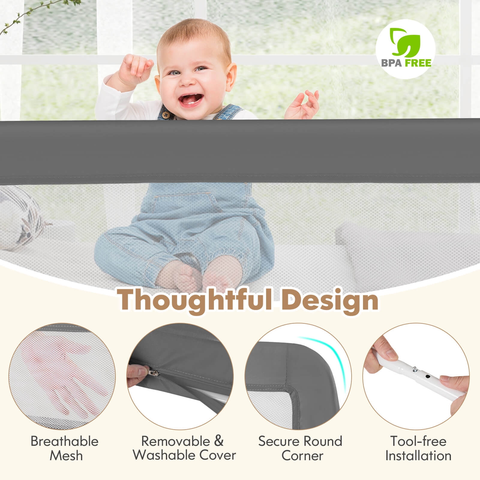Infans 71" Foldable Baby Bed Rail Guard Toddlers Swing Down Safety Bedrail Grey