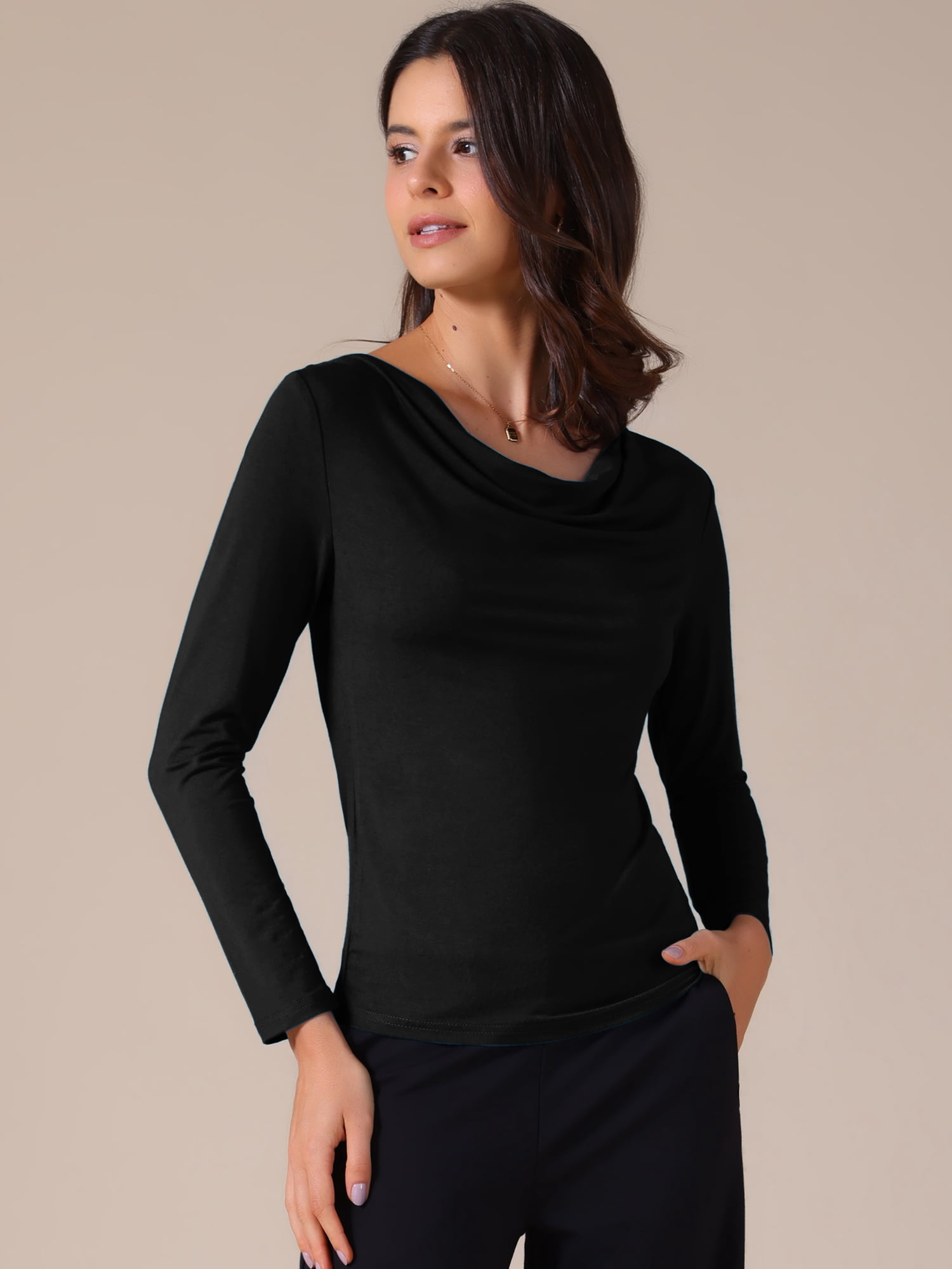DARING DIVA Women's Cowl Neck Long Sleeves Fitted Layering Soft T-Shirt XL Black