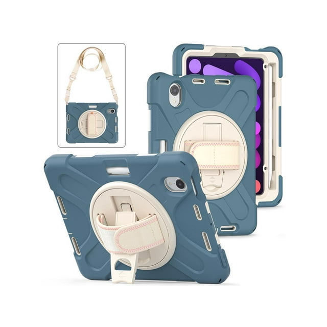 Case for iPad Mini 6 2021 (6th Generation) with Pencil Holder / 360 Rotation Stand / Hand Strap and Shoulder Strap Rugged Shockproof Cover for iPad Mini 6th Gen 8.3 Inch